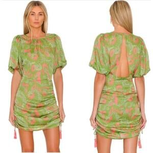 Cleobella Kamila Abstract Green Dress Mini Open Back Satin Short Sleeve Small